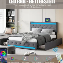 Lit double 180x200 cm avec tête de lit LED réglable, USB et Type-C, 4 tiroirs, sommier à lattes, structure en métal - Gris