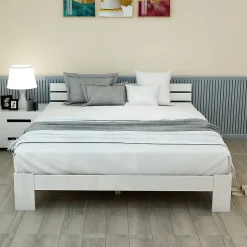 Lit Double 140x200 cm avec Tête de Lit, Cadre en Bois de Pin Massif et Sommier Intégré - Blanc, Sans Matelas