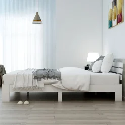 Lit Double 140x200 cm avec Tête de Lit, Cadre en Bois de Pin Massif et Sommier Intégré - Blanc, Sans Matelas