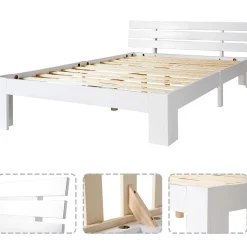 Lit Double 140x200 cm avec Tête de Lit, Cadre en Bois de Pin Massif et Sommier Intégré - Blanc, Sans Matelas