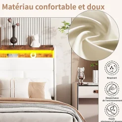 Lit double 140x200 cm avec tête de lit rembourrée, LED, ports USB Type-C, rangement intégré et sommier à lattes