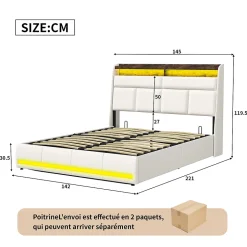 Lit double 140x200 cm avec tête de lit rembourrée, LED, ports USB Type-C, rangement intégré et sommier à lattes