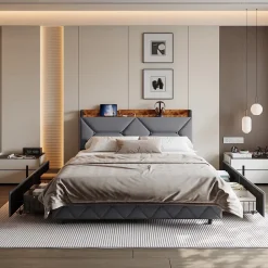 Lit double 140x200 cm avec tête de lit, Lit rembourré avec rangements cachés, lit coffre avec ports USB/Type-C et 4 tiroirs, Gris