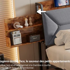 Lit double 140x200 cm avec tête de lit, Lit rembourré avec rangements cachés, lit coffre avec ports USB/Type-C et 4 tiroirs, Gris