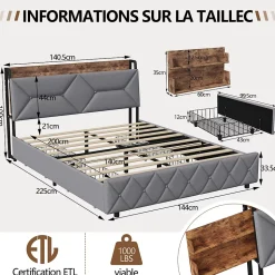 Lit double 140x200 cm avec tête de lit, Lit rembourré avec rangements cachés, lit coffre avec ports USB/Type-C et 4 tiroirs, Gris