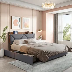 Lit double 140x200 cm avec tête de lit, Lit rembourré avec rangements cachés, lit coffre avec ports USB/Type-C et 4 tiroirs, Gris