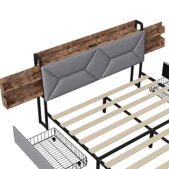 Lit double 140x200 cm avec tête de lit, Lit rembourré avec rangements cachés, lit coffre avec ports USB/Type-C et 4 tiroirs, Gris