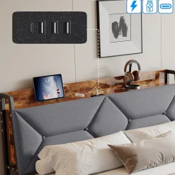 Lit double 140x200 cm avec tête de lit, Lit rembourré avec rangements cachés, lit coffre avec ports USB/Type-C et 4 tiroirs, Gris