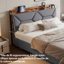 Lit double 140x200 cm avec tête de lit, Lit rembourré avec rangements cachés, lit coffre avec ports USB/Type-C et 4 tiroirs, Gris