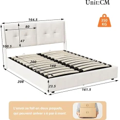 Lit double 160x200 cm beige avec tête de lit rembourrée, LED intégré, rangement sous sommier et design minimaliste