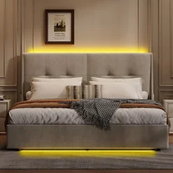 Lit double 160x200 cm beige avec tête de lit rembourrée, LED intégré, rangement sous sommier et design minimaliste