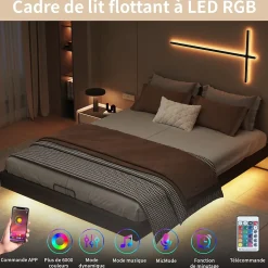 Lit double 160x200 cm beige design flottant avec LED, sommier lattes bois, structure métal, Sans tête, rangement intégré