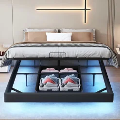 Lit double 160x200 cm beige design flottant avec LED, sommier lattes bois, structure métal, Sans tête, rangement intégré