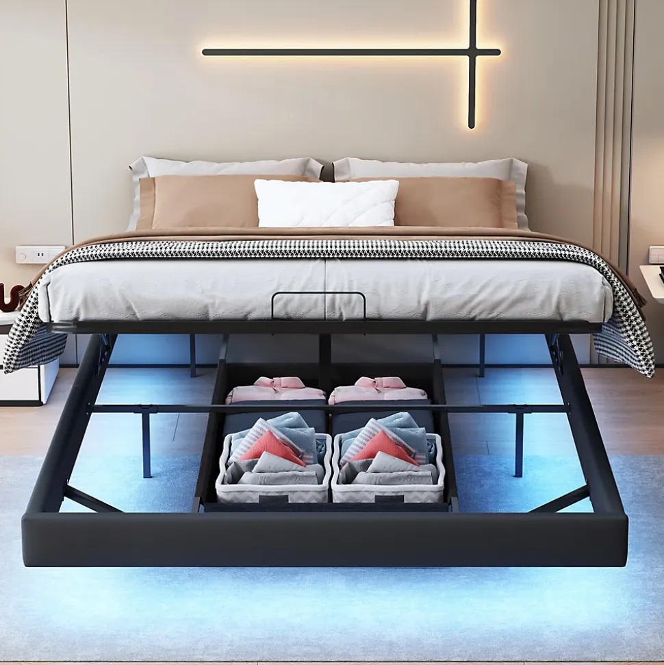 Lit double 160x200 cm beige design flottant avec LED, sommier lattes bois, structure métal, Sans tête, rangement intégré