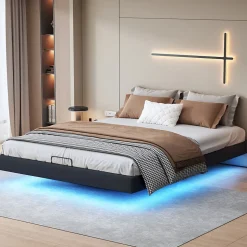 Lit double 160x200 cm beige design flottant avec LED, sommier lattes bois, structure métal, Sans tête, rangement intégré