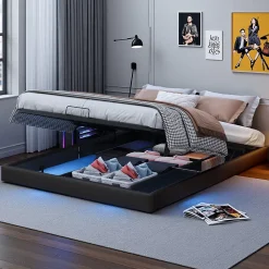 Lit double 160x200 cm beige design flottant avec LED, sommier lattes bois, structure métal, Sans tête, rangement intégré