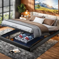 Lit double 160x200 cm beige design flottant avec LED, sommier lattes bois, structure métal, Sans tête, rangement intégré