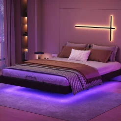 Lit double 160x200 cm beige design flottant avec LED, cadre métal, sommier à lattes bois et espace de rangement (sans tête de lit)