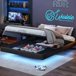 Lit double 160x200 cm beige design flottant avec LED, cadre métal, sommier à lattes bois et espace de rangement (sans tête de lit)