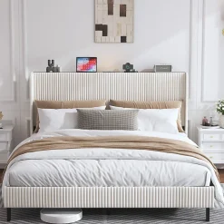 Lit double 180x200 cm capitonné adulte avec métallique stable et design à ailes - plateforme rembourrée velours côtelé beige/crème