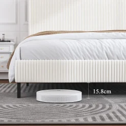 Lit double 180x200 cm capitonné adulte avec métallique stable et design à ailes - plateforme rembourrée velours côtelé beige/crème