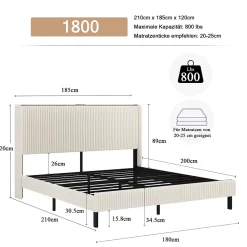 Lit double 180x200 cm capitonné adulte avec métallique stable et design à ailes - plateforme rembourrée velours côtelé beige/crème