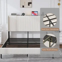 Lit double 180x200 cm capitonné adulte avec métallique stable et design à ailes - plateforme rembourrée velours côtelé beige/crème