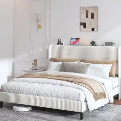 Lit double 180x200 cm capitonné adulte avec métallique stable et design à ailes - plateforme rembourrée velours côtelé beige/crème