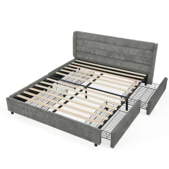 Lit Double 160x200 cm Capitonné, 4 Tiroirs, Facile à Assembler pour Chambre Parentale ou d'Invité, Gris Foncé, Sans Matelas