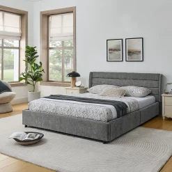 Lit Double 160x200 cm Capitonné, 4 Tiroirs, Facile à Assembler pour Chambre Parentale ou d'Invité, Gris Foncé, Sans Matelas