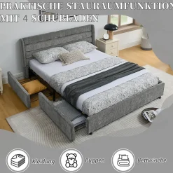 Lit Double 160x200 cm Capitonné, 4 Tiroirs, Facile à Assembler pour Chambre Parentale ou d'Invité, Gris Foncé, Sans Matelas