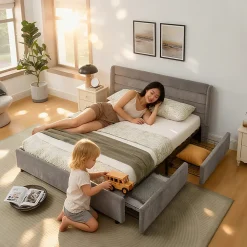 Lit Double 140x200 cm Capitonné, 4 Tiroirs, Facile à Assembler pour Chambre d'Ado ou d'Invité, Gris Foncé, Sans Matelas