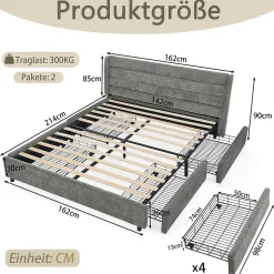 Lit Double 140x200 cm Capitonné, 4 Tiroirs, Facile à Assembler pour Chambre d'Ado ou d'Invité, Gris Foncé, Sans Matelas
