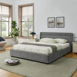 Lit Double 140x200 cm Capitonné, 4 Tiroirs, Facile à Assembler pour Chambre d'Ado ou d'Invité, Gris Foncé, Sans Matelas