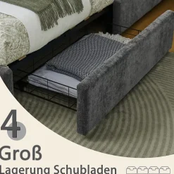 Lit Double 140x200 cm Capitonné, 4 Tiroirs, Facile à Assembler pour Chambre d'Ado ou d'Invité, Gris Foncé, Sans Matelas