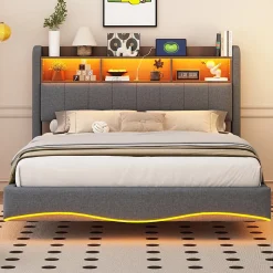 Lit Double 140x200 cm capitonné avec LED et Ports USB/Type-C, Coffre Intégré, Tissu Gris, Sans Matelas