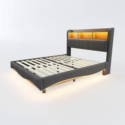 Lit Double 140x200 cm capitonné avec LED et Ports USB/Type-C, Coffre Intégré, Tissu Gris, Sans Matelas