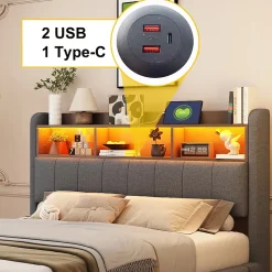 Lit Double 140x200 cm capitonné avec LED et Ports USB/Type-C, Coffre Intégré, Tissu Gris, Sans Matelas