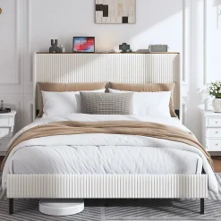 Lit double 160x200 cm capitonné adulte avec métallique stable et design à ailes - plateforme rembourrée velours côtelé beige/crème