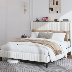 Lit double 160x200 cm capitonné adulte avec métallique stable et design à ailes - plateforme rembourrée velours côtelé beige/crème