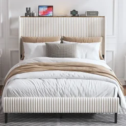 Lit double 140x200 cm capitonné adulte avec métallique stable et design à ailes - plateforme rembourrée velours côtelé beige/crème