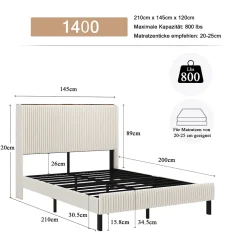 Lit double 140x200 cm capitonné adulte avec métallique stable et design à ailes - plateforme rembourrée velours côtelé beige/crème