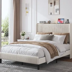 Lit double 140x200 cm capitonné adulte avec métallique stable et design à ailes - plateforme rembourrée velours côtelé beige/crème