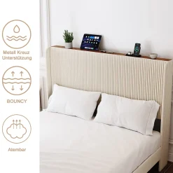 Lit double 140x200 cm capitonné adulte avec métallique stable et design à ailes - plateforme rembourrée velours côtelé beige/crème