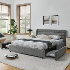 Lit double 160x200 cm, chenille, 4 tiroirs - gris foncé