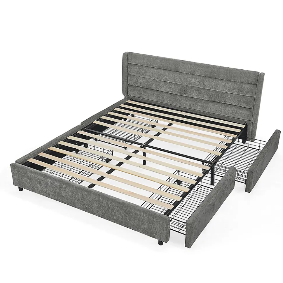 Lit double 160x200 cm, chenille, 4 tiroirs - gris foncé