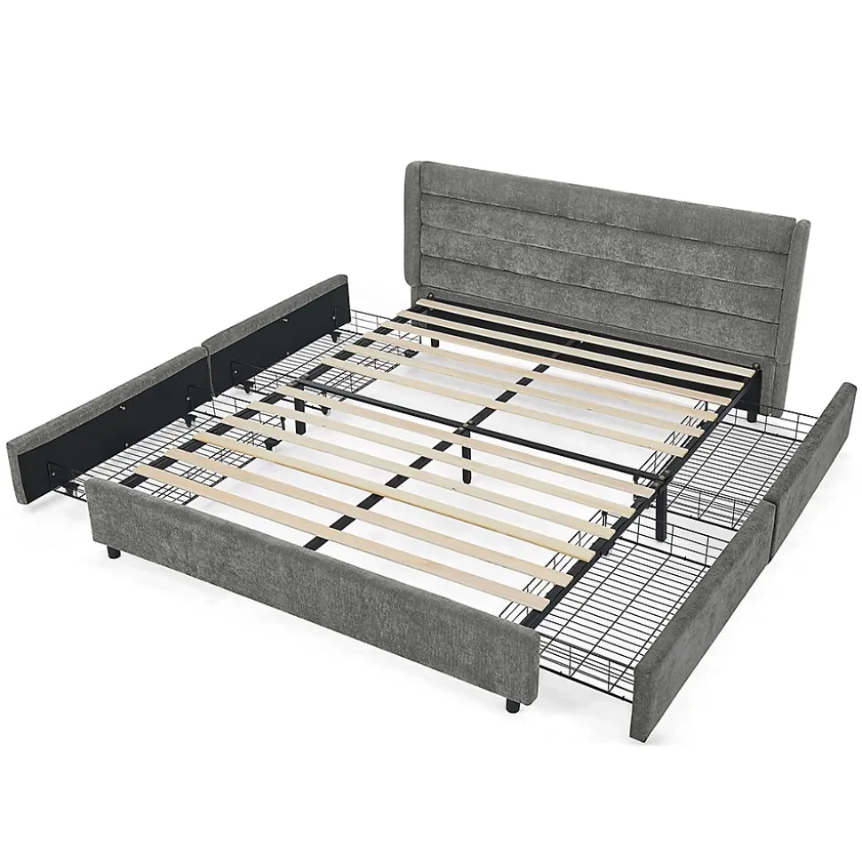 Lit double 160x200 cm, chenille, 4 tiroirs - gris foncé