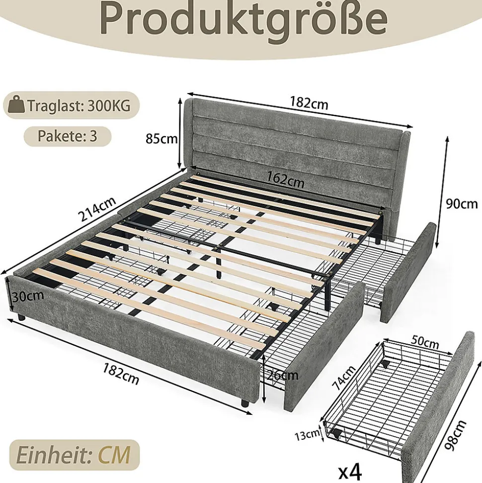 Lit double 160x200 cm, chenille, 4 tiroirs - gris foncé