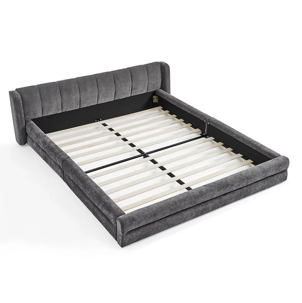 Lit double 140x200 cm, chenille, cadre eucalyptus/fer - gris foncé