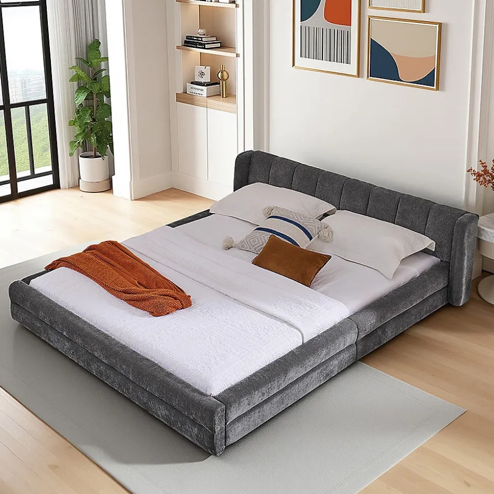 Lit double 140x200 cm, chenille, cadre eucalyptus/fer - gris foncé